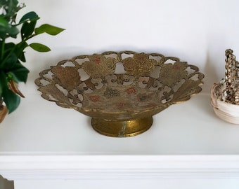 Enamel Brass Bowl Made in India. Vintage Reticulated Pedestal Bowl.