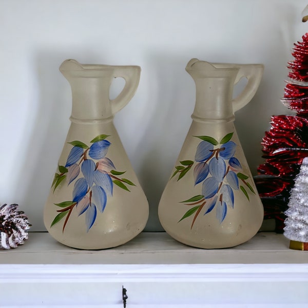 Gay Fad Cruet Set made by Hazel Atlas. Vintage Hand Painted Blue Flowers. Frosted Satin Glass Bottles.