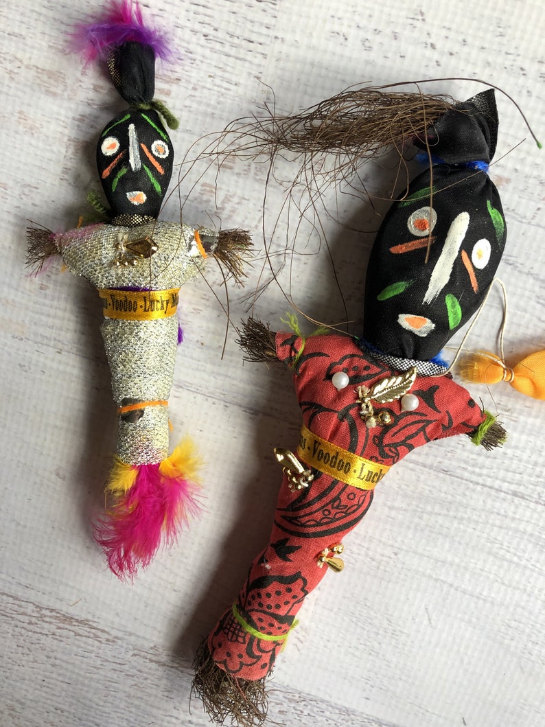 Pair New Orleans VooDoo Lucky Magic Fetish Dolls Vintage New Orleans Voo Doo Dolls Souvenir Doll Santeria Black Magic Witch Craft Prop