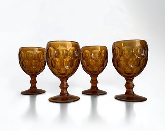 Vintage Imperial Glass Amber Provincial Fingerprint Water Goblets. Set of 4. 1970s