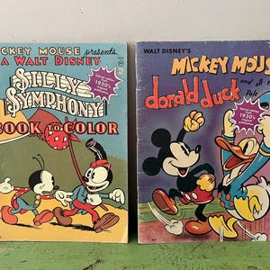 Vintage Disney Coloring Books. Mickey Mouse Presents A Walt Disney Silly Symphony Book to Color & Donald Duck and All Their Pals