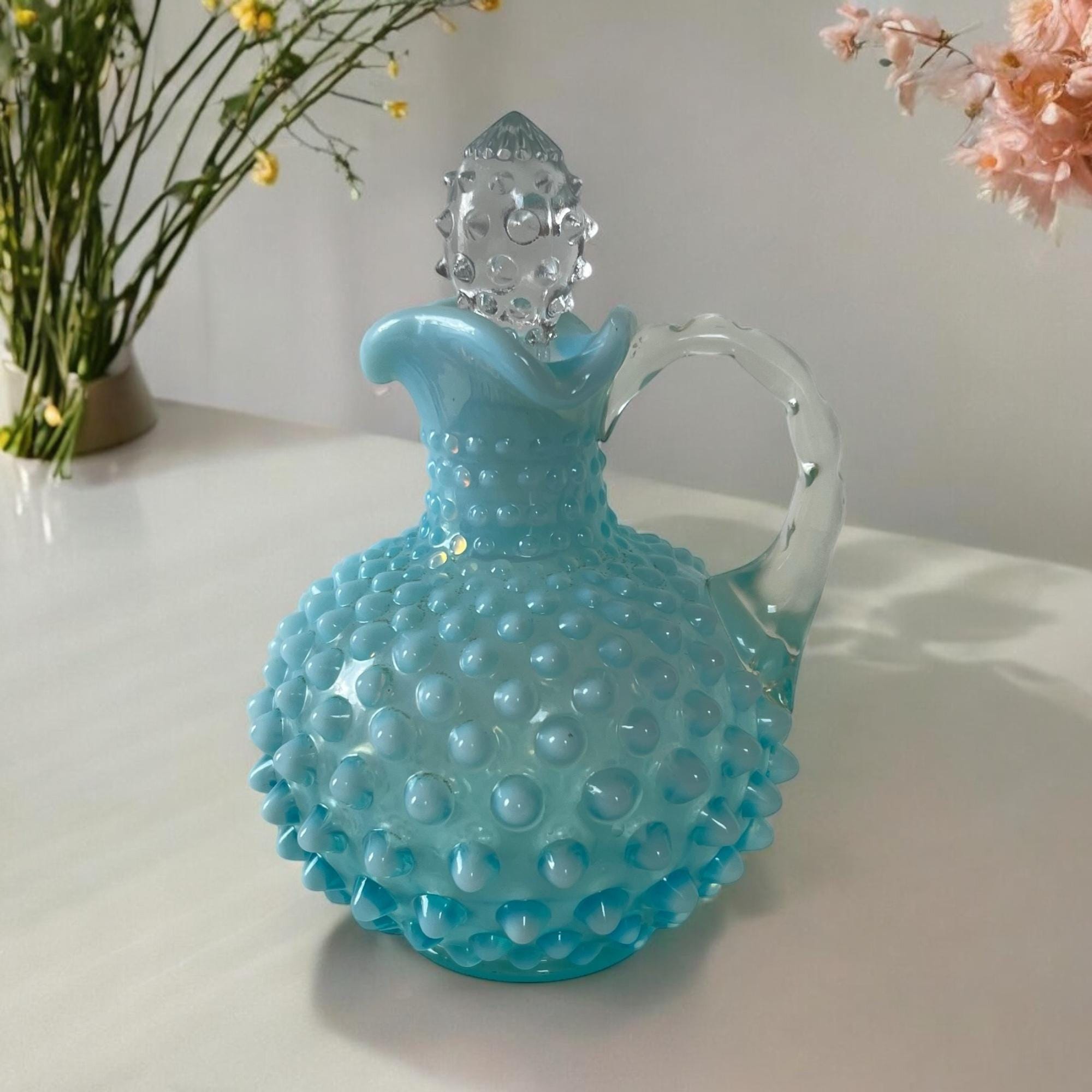 Fenton Blue French Opalescent Hobnail Cruet Pitcher. Crimped Top Vintage Textured Art Glass 5" Tall. With Original Stopper
