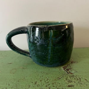 Studio Pottery Mug. Makers Mark on Base. Green Glaze. Handmade Ceramic Coffee Cup