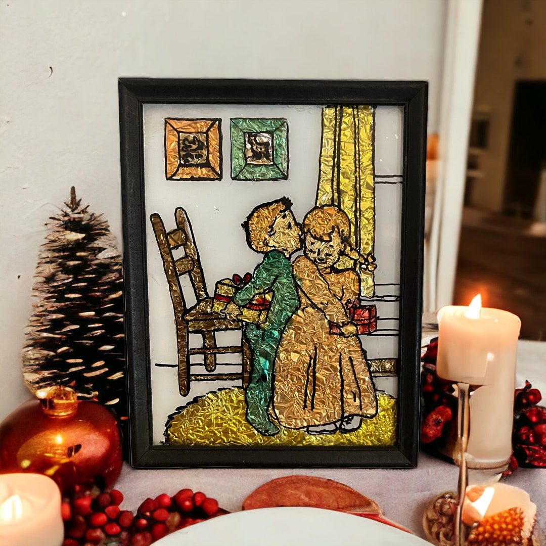 Vintage MCM Art Reverse Foil Painting. Christmas Surprise. Children