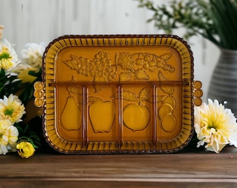 Vintage Indiana Glass Co (USA) 'Fruits' in Amber, 5-Part Relish Dish. 1970s Amber Glass Serving Tray