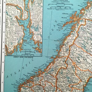 1937 Norway & Sweden Antique Map. Old Map of Scandinavia. Historical Print Lithograph for Framing. Beautiful 81 Yr Old Map to Frame image 3