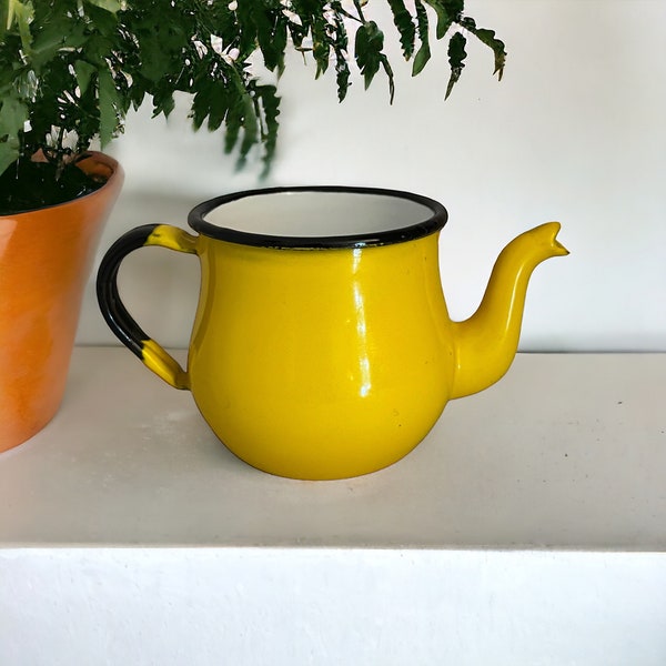 Yellow Enamelware Teapot. Asahi Japan Metal Creamer Sized Teapot. Retro MCM