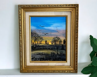 Framed Watercolor Painting Signed & Professionally Framed. Country Sunset. Gold Frame Early 2000s