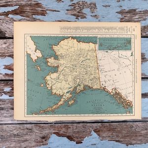 Mappa antica dell'Alaska del 1937. Antica mappa dello stato dell'Alaska. Stampa storica, litografia da incorniciare. Splendida mappa dell'Alaska di 88 anni fa da incorniciare.