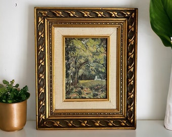 Judy O'Brien Galatha Original Signed Painting. Acrylic Expressionism Country Scene with Trees, Flowers Barn. Gold Frame c 1974