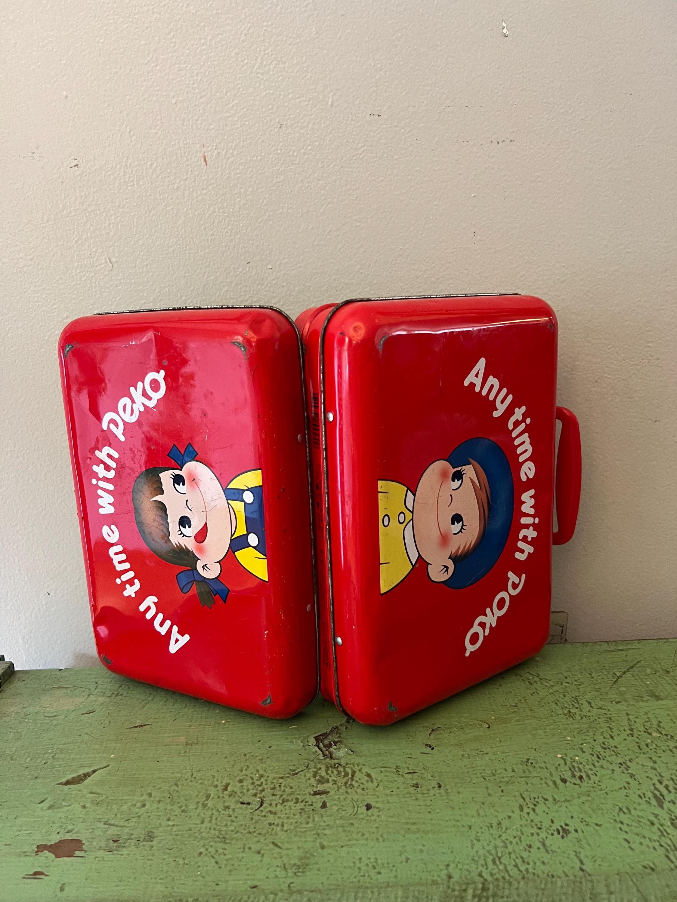 Japanese FUJIYA Peko Chan & Poko Chan~red Metal Lunchbox. Cartoon