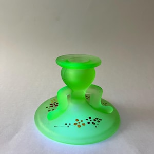 Vintage Westmoreland Uranium Glass Candle Stick Holder. Frosted Green Satin Glass. Hand Painted Detail. UV Black Light Reactive Glowy Glass