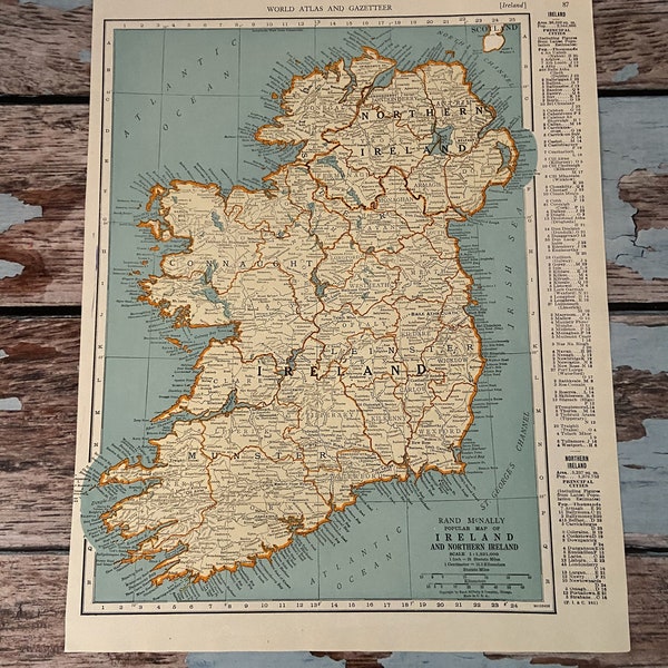 Mappa antica dell'Irlanda del 1937. Vecchia mappa dell'Irlanda, stampa storica. Litografia per incorniciatura. Bellissima mappa vecchia di 81 anni da incorniciare dell'Irlanda