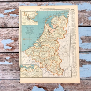 1937 Landkarte Niederlande, Belgien, Luxemburg. Historischer Druck. Lithograph für Einrahmung. Wunderschöne 87 Jahre Alte Antike Landkarte von Europa