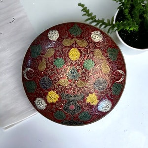 Floral Enameled Brass Bowl. Made in India. Decorative Plate Wall Hanging. Pedestal Bowl- Trinket Dish. 1970s