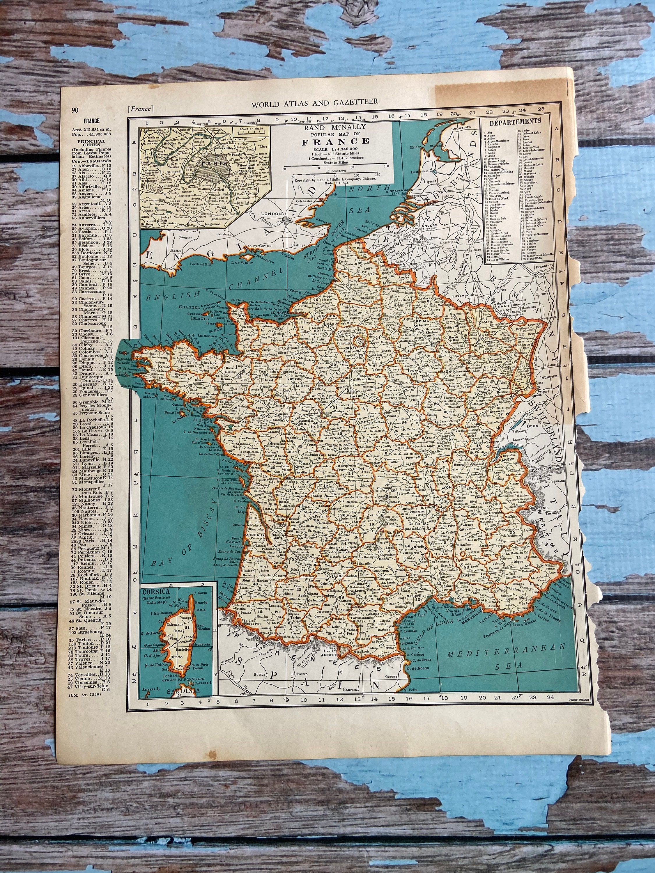 France Antique Map. C1937. 89 Year Old Historical Print Lithograph