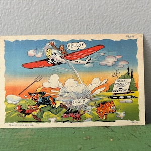 May include: Vintage postcard with a cartoon illustration. A biplane with a smiling face drops flour on a running man and animals. The text "HELLO!" and "FLOUR" are visible. A sign reads "TARGET PRACTICE HERE KEEP OUT".