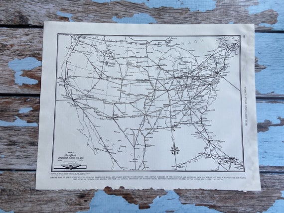 1937年航空地図。アメリカ航空路線図。歴史的版画、リトグラフ額装。88