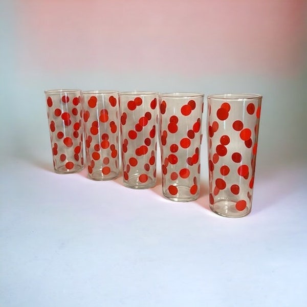 Mid Century Polka-Dot Glasses by Anchor Hocking. Set of 5 Iced Tea Glasses with Red Dots. Retro MCM Summer Entertaining