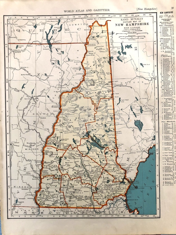 New Hampshire Antique Map. C1937. 89 Year Old Historical Print
