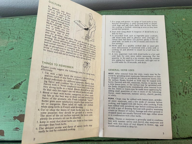 May include: Open book with pages detailing herb culture and uses. Text includes instructions for cooking with herbs, such as marjoram, thyme, and parsley. The book is open on a green surface.