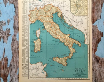 Mapa antiguo de Italia. C. 1937. Litografía histórica de 89 años para enmarcar. Sicilia, Cerdeña, Córcega.
