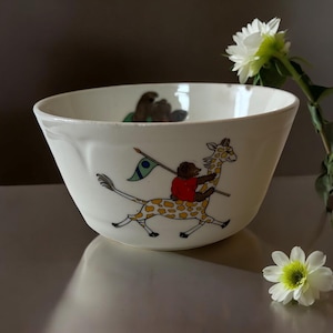 Niedliche Vintage Kinder Müsli Obst Schale. H. 1940er Jahre Servierteller Teddy Bär & Giraffe Cartoon Kinder Servierteller Mahlzeit Geschenk Display Retro
