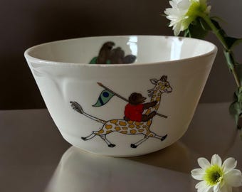Cute Vintage Childrens Cereal Fruit Bowl. c. 1940s Teddy Bear & Giraffe Cartoon Kids Serving Dish Mealtime Gift Display Retro