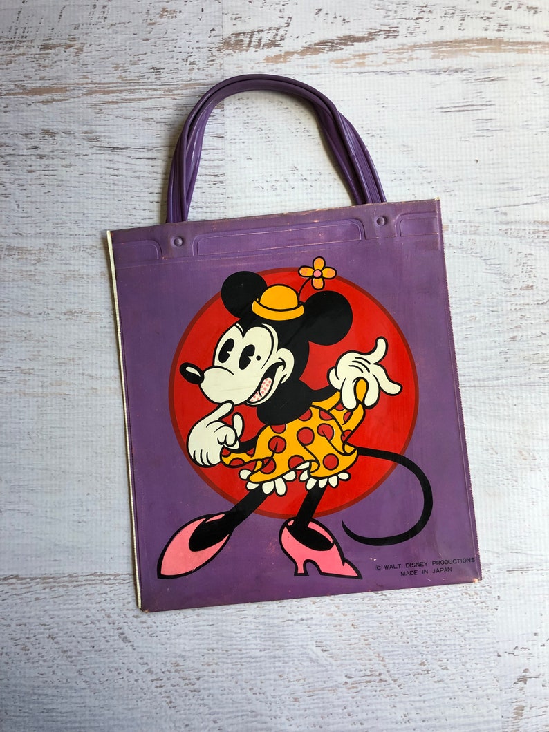 Vintage Mickey /& Minnie Tote Bag Purple Bag w Handles. 1970s Vinyl Bag Featuring Walt Disney Characters Minnie Mouse and Mickey Mouse