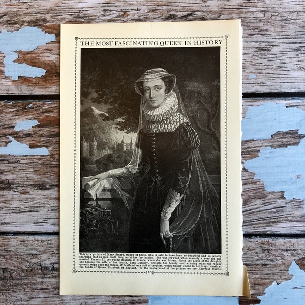 1912 Queen of Scots Lithograph. Original Antique Print. Vintage Book Page to Frame. Mary Stuart. Most Fascinating Queen in History. Holyrood