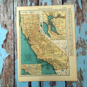 1937 California Map. Old State Map of California. Antique Historical Print, Lithograph Framing. Beautiful 83 Yr Old Map to Frame