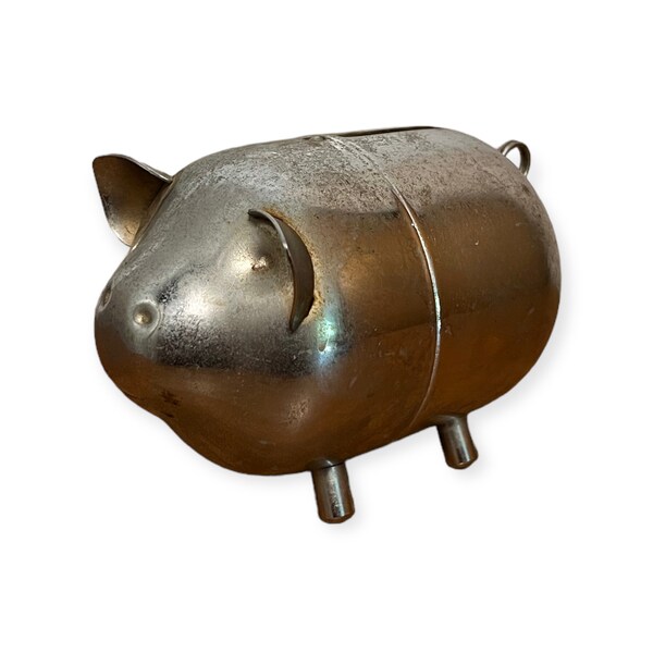 Vintage Metal Pig Piggy Bank! Silver Tone. Curly Q Tail. Made by Raimond