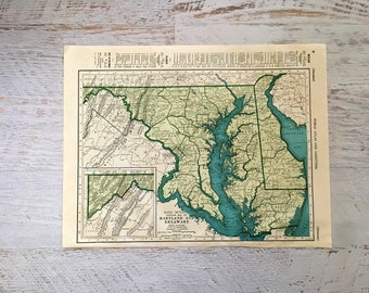 Antique Map of Maryland/ Delaware. State Map. 1940 Historical Print, Maine Lithograph Framing. 78 Year Old Map. Art Print/ Map to Frame
