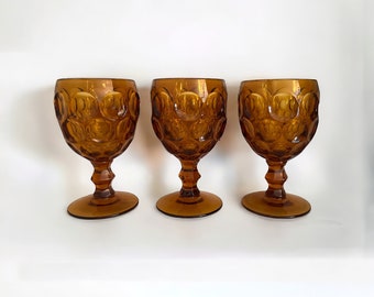 Vintage Imperial Glass Amber Provincial Fingerprint Water Goblets. Set of 3. 1970s