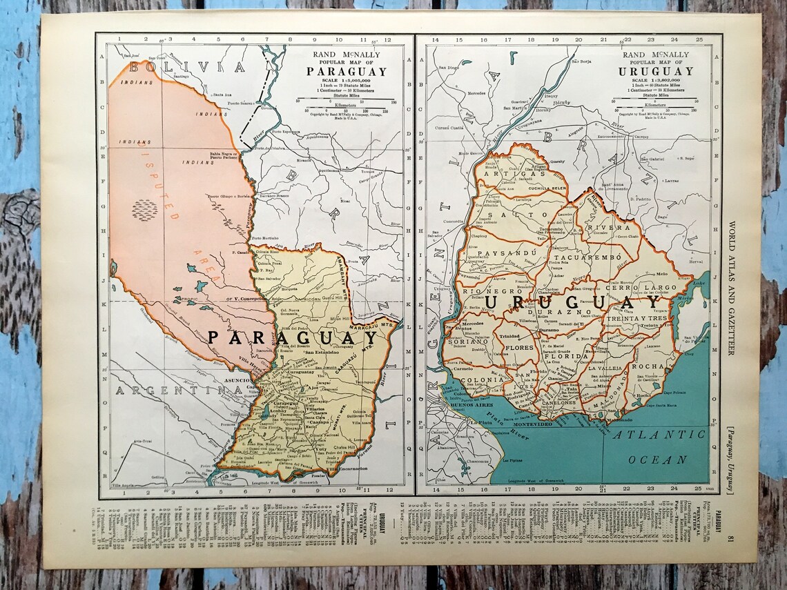 1937 Paraguay/ Uruguay Antique Map. Old Map of Argentina ...