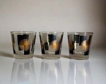 Set of 3 Atomic Gold Starburst Glasses. Lowball | Rocks Glasses. MCM Geometric Black and Gold.