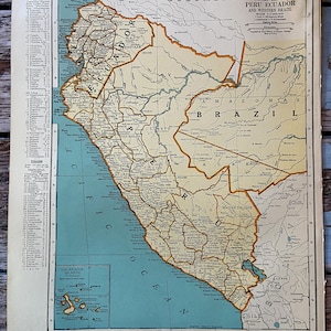 1945 Peru, Ecuador, Brazil Antique Map. Old Map, Historical Print ...