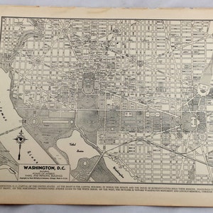 Carte antique de Washington DC. Plan de la ville du district de Columbia. Impression historique de 1937, encadrement lithographique. Carte de 80 ans à encadrer. Cadeau de voyage