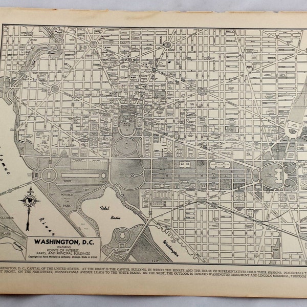 Antique Map of Washington DC. District of Columbia City Map. 1937 Historical Print, Lithograph Framing. 80 yr old map to frame. Travel Gift