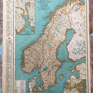 1937 Norway & Sweden Antique Map. Old Map of Scandinavia. Historical Print Lithograph for Framing. Beautiful 81 Yr Old Map to Frame image 2