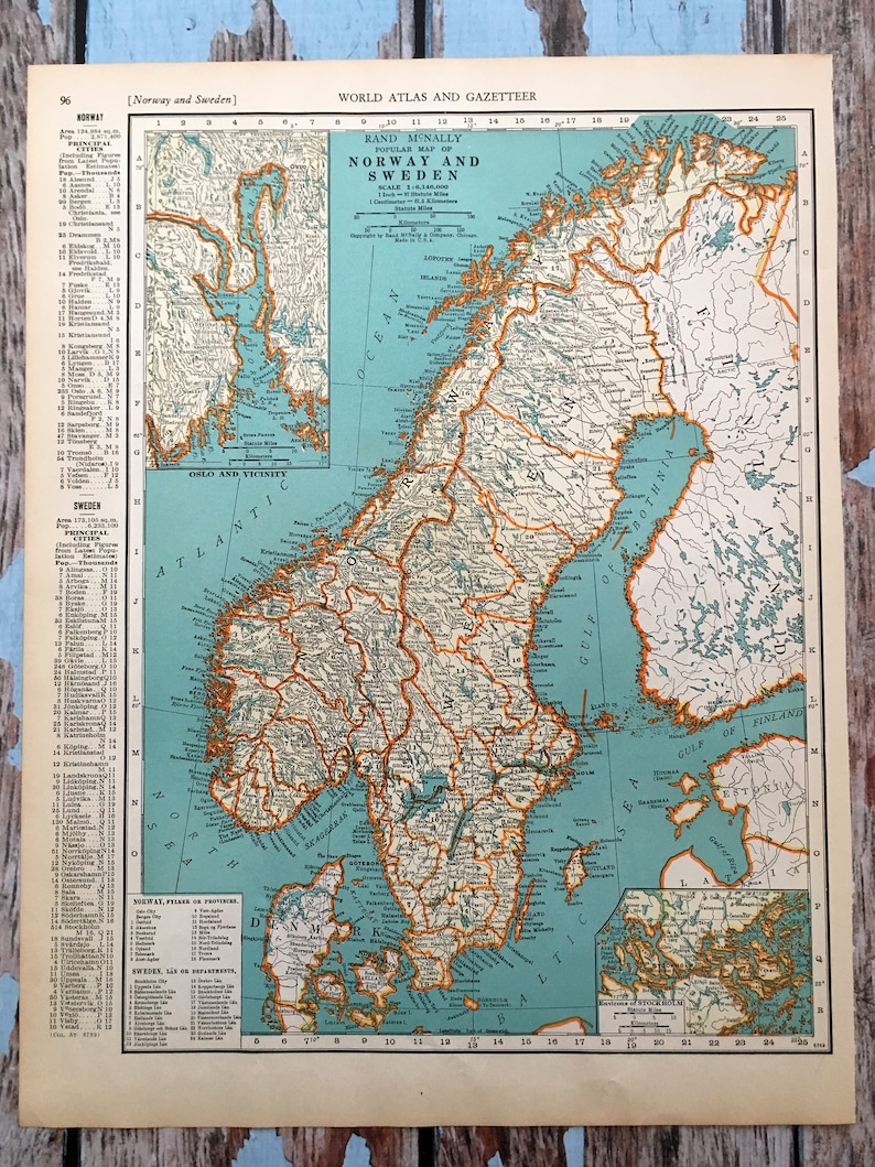 1937 Norway & Sweden Antique Map. Old Map of Scandinavia. Historical Print Lithograph for Framing. Beautiful 81 Yr Old Map to Frame image 2