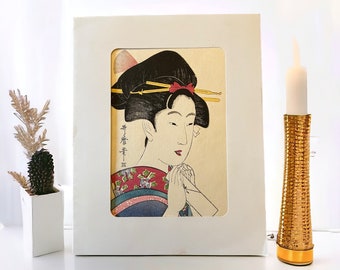 Japanese Woodblock Print. Kitagawa Utamaro Print in Paper Mat Frame. Classic Japanese Art