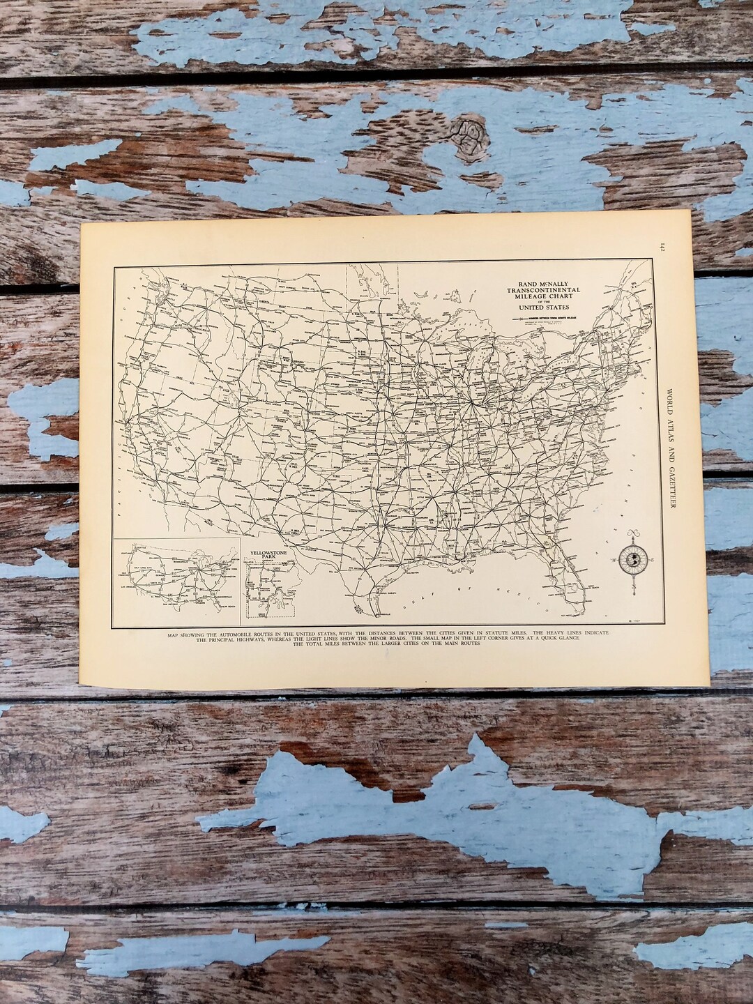 Antique Map Transcontinental Mileage Chart of United States 1937 Historical Print, Lithograph
