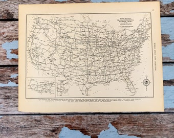 Antique Map Transcontinental Mileage Chart of United States 1937 Historical Print, Lithograph Framing. 80 Yr Old USA Highway Map to Frame