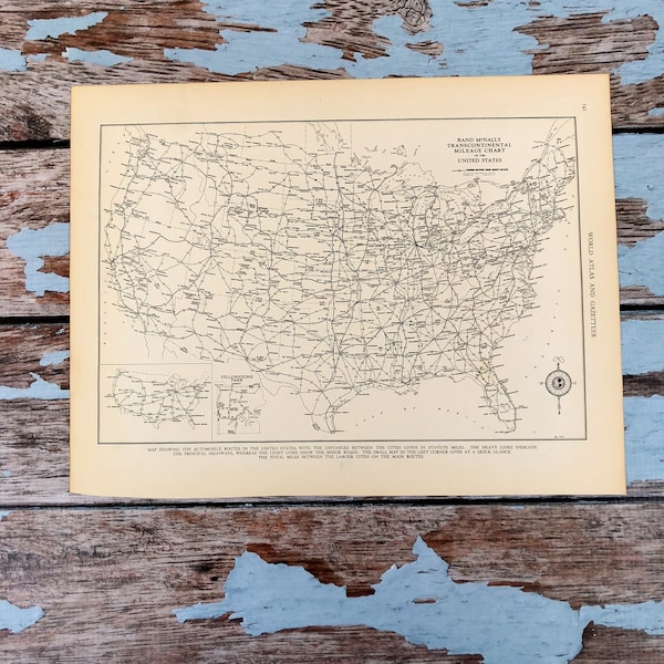 Antique Map Transcontinental Mileage Chart of United States 1937 Historical Print, Lithograph Framing. 80 Yr Old USA Highway Map to Frame