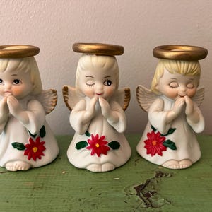 Trio of Vintage R.O.C Christmas Angel Bells with Poinsettia and Halo. Cute Ceramic Bells 4&quot; Tall