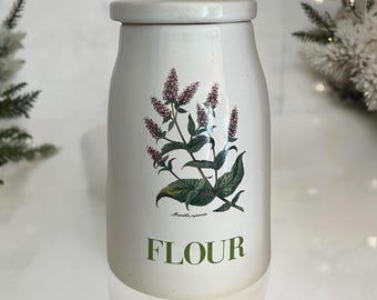 Vintage Flour Canister by Crown Heritage. Made in England. Round Canister with Lid. Peppermint Flower Botanical Mentha Piperita