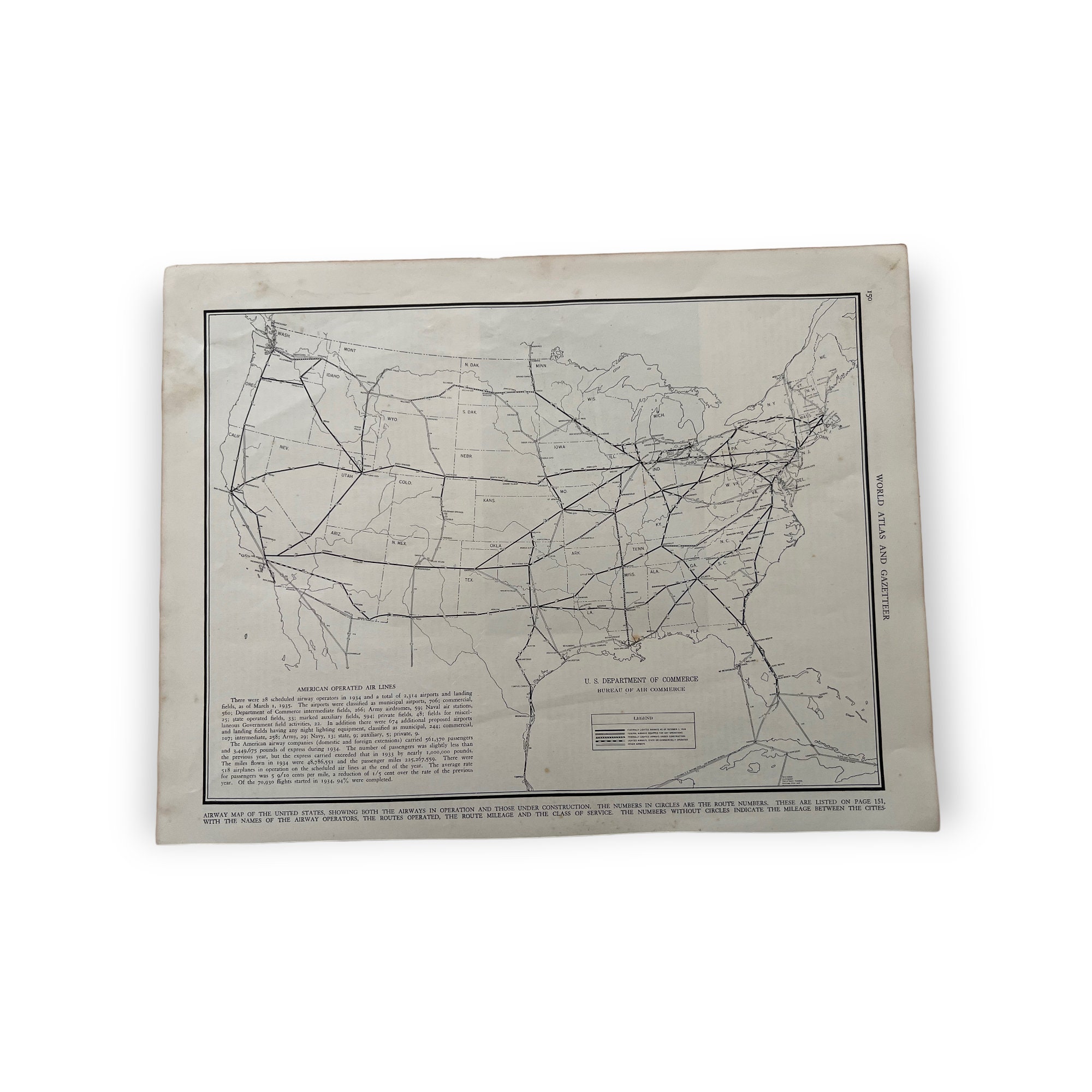 Airline Route Antique Map. C1937. 89 Year-old Historical Print