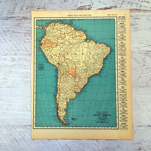 Mapa de Sudamérica de 1937. Mapas antiguos. Impresión histórica antigua, litografía para enmarcar. Hermoso mapa de 80 años para enmarcar. Viajes con chinchetas.