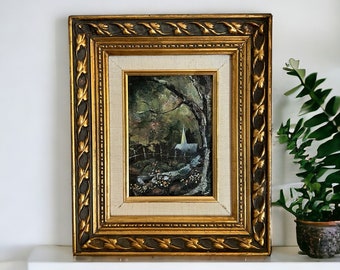 Judy O'Brien Galatha Original Signed Painting. Acrylic Expressionism Country Scene with Church, Forest, Flowers. Gold Frame c 1970s